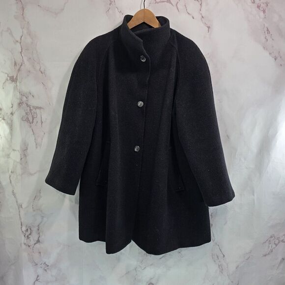 Emanuel Ungaro Coat Women Large 14 Black Wool Blend Pea Funnel Mock Neck Button - Picture 15 of 15